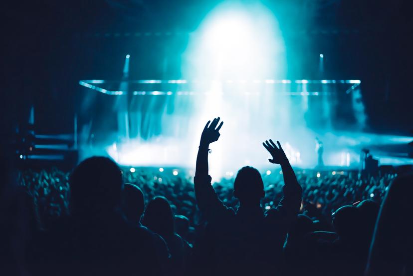 Man met handen in de lucht tussen het publiek op een festival